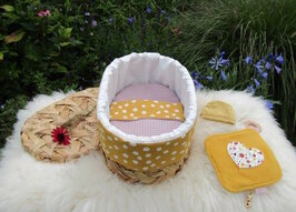 Mandje - Rotan met deksel - 30cm - Okergeel roze met bloemetje