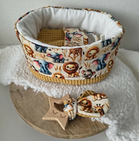 Mandje stof mini 22cm oker met safaridieren 
