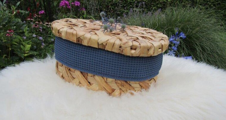 Mandje - Rotan met deksel - 30cm - Blauw met hartje