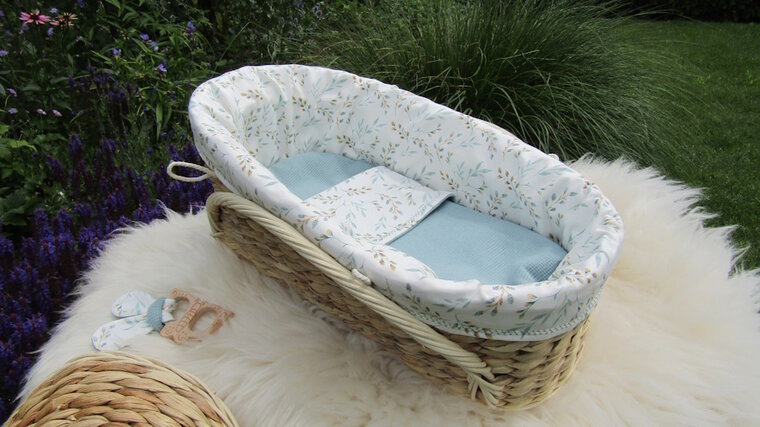Mandje - Rotan - 45cm met deksel - Blauw mint met wilgentakje