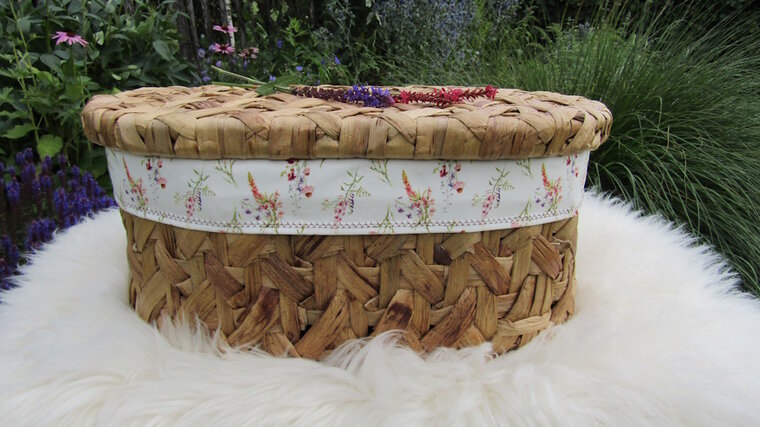 Mandje - Rotan - 45cm met deksel - Old roze met zonnebloempje
