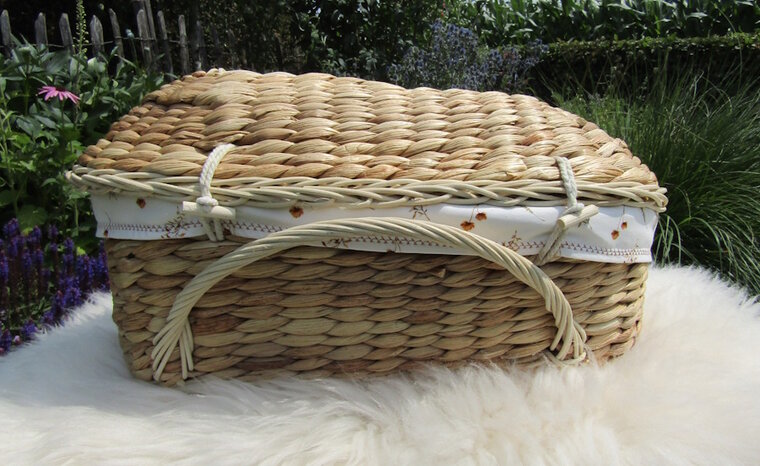 Mandje - Rotan 45 cm met deksel - Cognac met strobloem