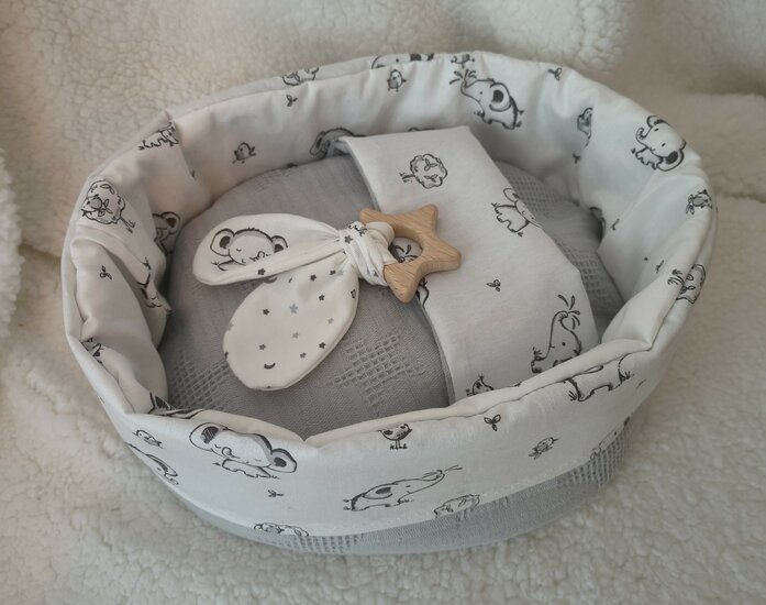 Mandje Stof klein grijs met olifantjes 