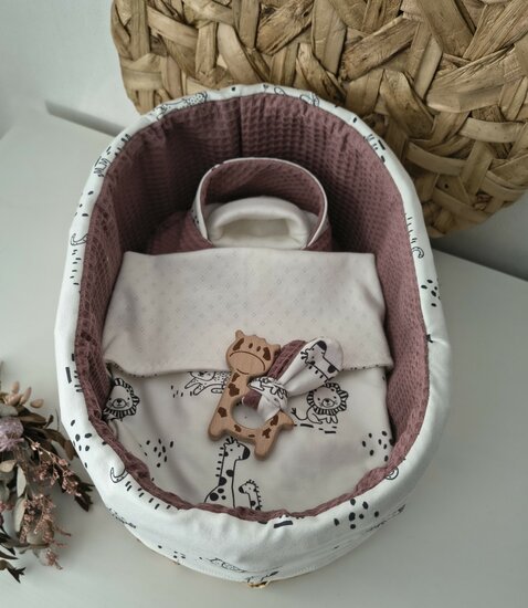 Mandje - Rotan met deksel - 30cm - Diertjes cr&egrave;me met mauve 