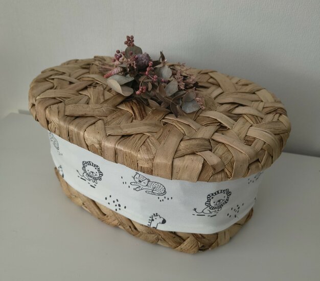 Mandje - Rotan met deksel - 30cm - Diertjes cr&egrave;me met mauve 