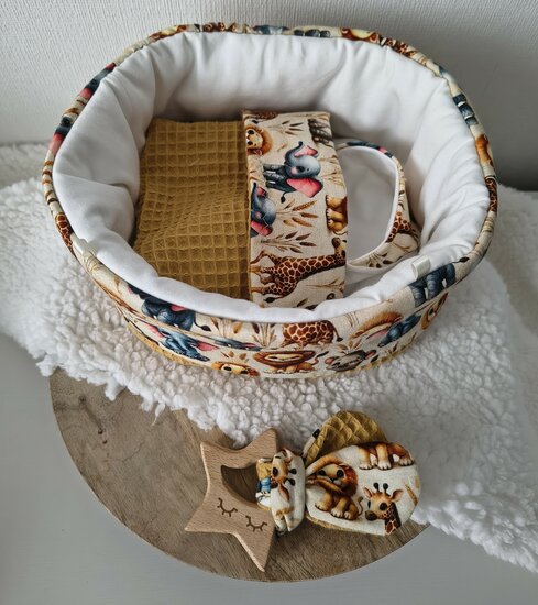 Mandje stof mini 22cm oker met safaridieren 