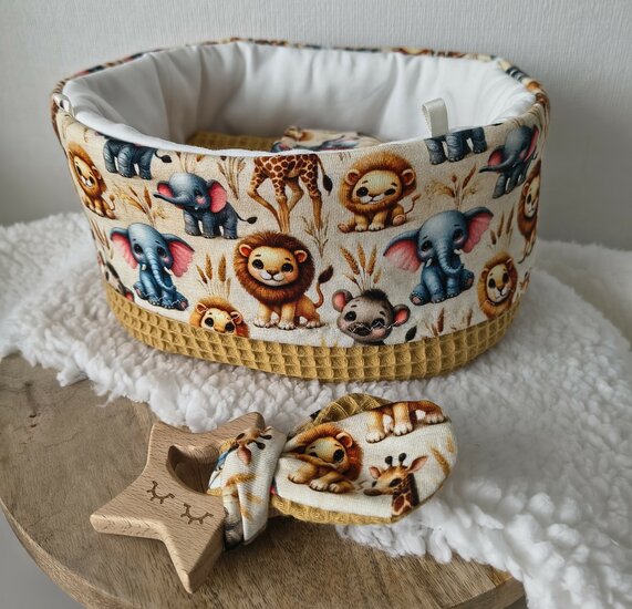 Mandje stof mini 22cm oker met safaridieren 